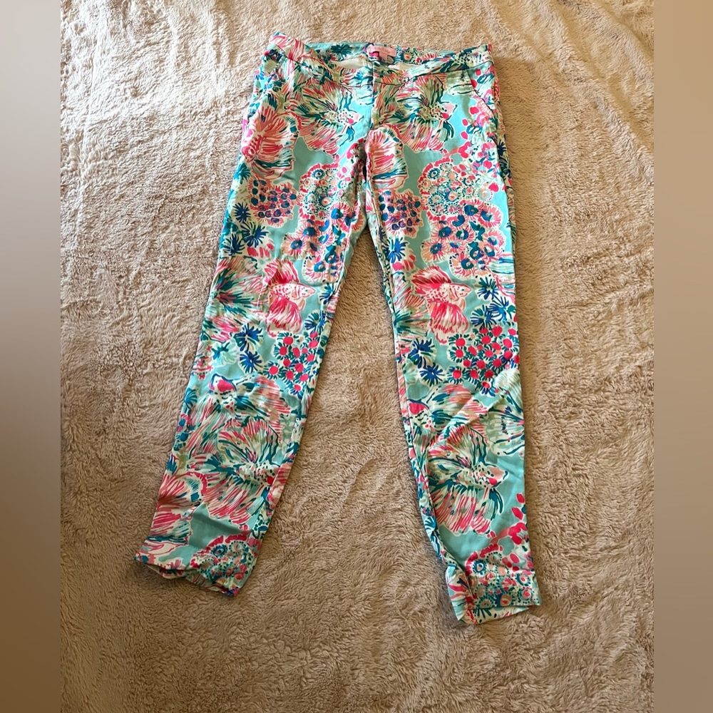 Lilly Pulitzer Floral Printed Skinny Pants in Aqua, Pink and Blue